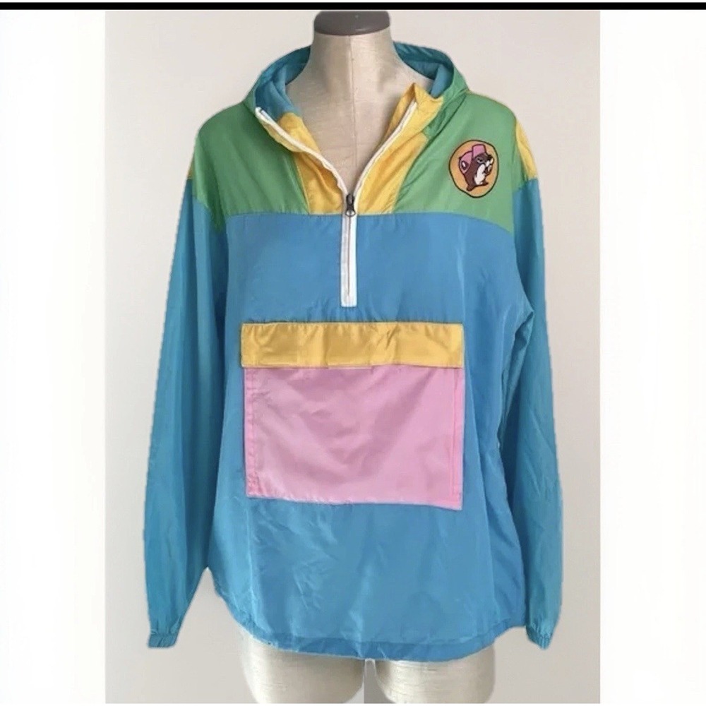 Buc-ees Small Half Zip Windbreaker Hood Pastel Blue Pink Yellow